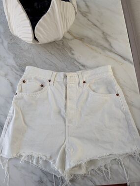 Re/Done White High-Rise Frayed Denim Shorts